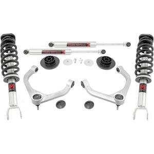 imageRough Country 3quot Suspension Lift Kit with M1 Struts ampamp M1 Rear Shocks for Ram 1500 4WD 20122018  Silver Upper Control ArmsM1 Struts  Shocks  Silver Arms