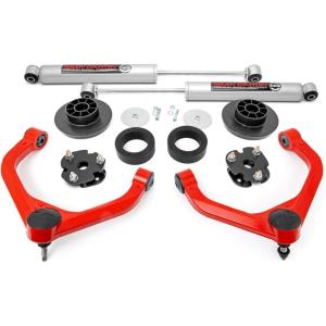 imageRough Country 3quot Suspension Lift Kit with M1 Struts ampamp M1 Rear Shocks for Ram 1500 4WD 20122018  Silver Upper Control ArmsSpacers  N3 Shocks  Red Arms