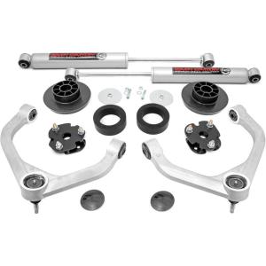 imageRough Country 3quot Suspension Lift Kit with M1 Struts ampamp M1 Rear Shocks for Ram 1500 4WD 20122018  Silver Upper Control ArmsSpacers  N3 Shocks  Silver Arms