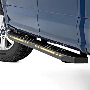 imageRough Country AC2 Running Boards for Ford F150LightningF250F350Raptor 20152025 Crew Cab  BoltOn Aluminum Side Steps with AutoOn AmberWhite LED Lights
