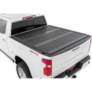 imageRough Country Hard TriFold Tonneau Cover for Chevy Silverado ampamp GMC Sierra 15002500HD3500HD 20142019  LowProfile Aluminum Truck Bed Cover Fits 59 Bed wRail Caps
