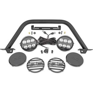 imageRough Country Safari Bull Bar with Dual 65quot LED Lights Bar for Ford Bronco 20212025  2quot Tubular Bar with 2 6inch Round LED Pods wAmber DRLDual 65 Round LED  Amber DRL