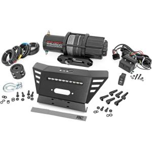 imageRough Country Winch Mount with 4500 LB Winch for Honda Pioneer 520  Bolton Mounting Plate RS4500S Series Winch with 50 ft Synthetic RopeMount  Winch  LED