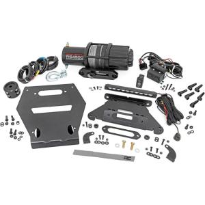 imageRough Country 4500 LB Winch Mount Kit for Polaris RZR Pro R  Bolton Plate RS4500S UTV Winch with Synthetic Rope 10quot Slimline LED Light Bar