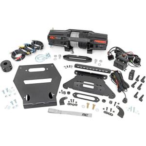 imageRough Country 6500 LB Winch Kit for Polaris RZR Pro R  Heavy Duty Mount Pro Series UTV Winch with 50 Synthetic Rope ampamp 10quot LED Light Bar BoltOn Upgrade