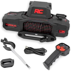 imageRough Country 13000 lb Winch with Synthetic Rope  12V Waterproof Electric Torque Truck Winch for Jeep Wrangler Off Road Recovery Winch for Truck with Wireless Handheld Remote and Corded Control