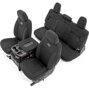 imageRough Country Neoprene Seat Covers for Chevy Silverado ampamp GMC Sierra 1500 20192026 wRear Seat Storage ampamp Cup Holder  Waterproof ampamp UV Resistant Foam Padded Front ampamp Rear Row Cover SetFront  Rear Rows