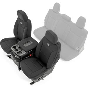 imageRough Country Neoprene Seat Covers for Chevy Silverado ampamp GMC Sierra 1500 20192026 wRear Seat Storage ampamp Cup Holder  Waterproof ampamp UV Resistant Foam Padded Front ampamp Rear Row Cover SetFront Row Only