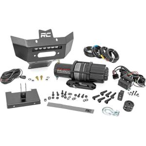 imageRough Country Winch Mount with RS4500S Winch and 6quot LED Bar for CanAm Renegade 500800R1000  BoltOn Plate with 4500 LB Synthetic Rope Winch ampamp 30W Flood Light