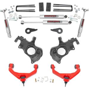 imageRough Country 35 Lift Kit wN3 Shocks for Chevy Silverado amp GMC Sierra 2500HD3500HD 20112019 wFactory Rear Overload Springs  Silver Control ArmsN3 Shocks  Red Arms