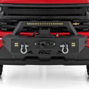imageRough Country EXO Winch Mount System for Chevy Silverado 1500 20222026  Includes 20in LED Light Bar Dual 2in LED Cubes DRings