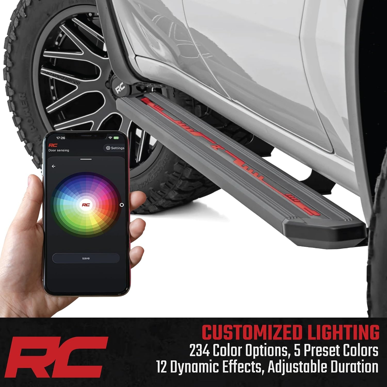 image:imageRough Country MultiColor LED Running Boards for Ford Bronco 4Door 20212025  RGB MultiColor Aluminum Side Steps with App Control