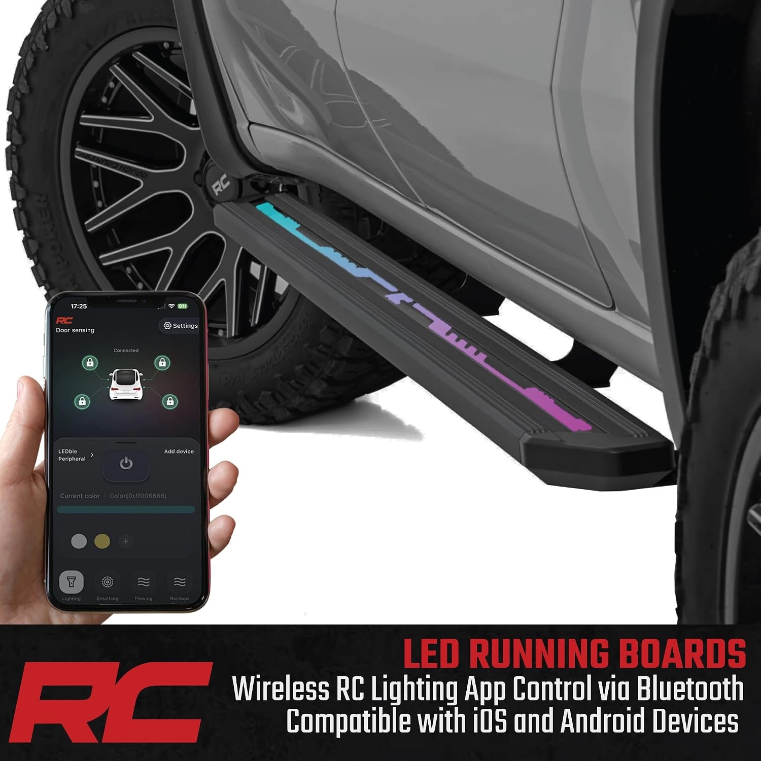 image:imageRough Country MultiColor LED Running Boards for Ford Bronco 4Door 20212025  RGB MultiColor Aluminum Side Steps with App Control